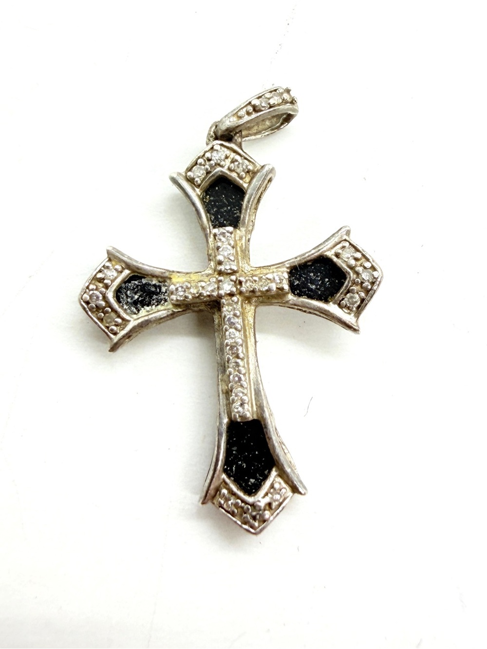Vintage‎ 925 JWBR Sterling Silver Pendent Cross Diamonds Accents & Black Onyx 1”